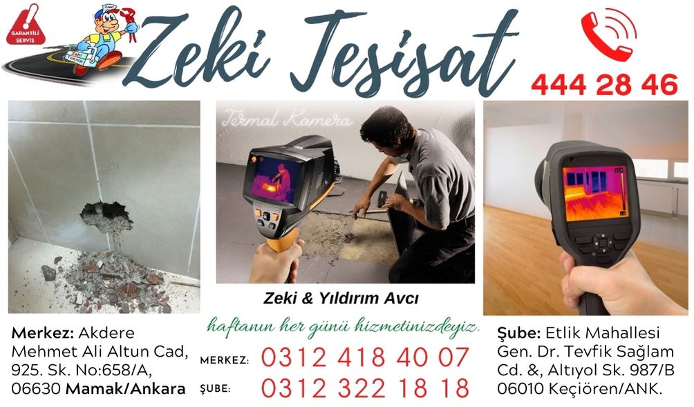 Ankara Sıhhi Tesisat Tamir Servisi olarak tespit işlerinde %100 olumlu ve kesin sonuçlar ile işlemler tamamlanmaktadır. Ankara kameralı su kaçağı tespiti hizmetimizle müşterilerimizin sorunlarını çok kısa sürede çözeriz. Su tesisatınızdaki tıkanıklık yada sızıntı problemleri için Ankara Sıhhi Tesisat Tamir Servisimizi arayarak uzman çözümü desteği alabilirsiniz.  Tesisat Tamir Servisimiz Ankara genelinde hizmet vermektedir. Ankara firmamız müdahaleleri sonrasında tıkanıklığa sebep olan yabancı cisimler ya kanallardan çıkarılıyor ya da parçalanarak kanalizasyon içine gönderiliyor. Ankara Sıhhı Tesisat Servisi olarak kırmadan su kaçak bulma, termal kamera ile su kaçak bulma, akustik dinleme cihazı ile su kaçak bulma hususunda tüm teknolojik yöntemlerle su kaçakları tespiti yapmaktayız.  Ankara genelinde tüm tesisat arızaları uzman ekiplerimiz sayesinde özenle çözülmektedir. Ankara Su Tesisatı Tamir servisimiz acil her arıza durumunda hemen müdahale ederek arızanın giderilmesini sağlamaktadır. Ankara su kaçağı bulmada nokta tespiti %100 sonuç, sıfır hata. Ankara Su Tesisat Servisi olarak yaygın hizmet ağımızla acil tesisat arızalarında anında çözüm üretilmektedir. Minimum zarar ve minimum tadilat ile su tesisatı problemlerinin tespiti ve onarımı çalışmalarımızdan tüm Ankara halkı faydalanabilir. Ankara Su Arıza Tamir Servisimiz görüntülü ve sesli yapılan işlemlerde sızıntının olduğu yer tam olarak tespit etmekte, bunun sonucunda da onarım işi güvenli bir şekilde yerine getirilmektedir. Sıhhı Tesisat ustaları olarak Ankara genelinde su tesisat arızası ve kaçak su problemleri ile ilgili acil servis hizmeti vermekteyiz. Su kaçağı arızalarında Ankara Uzman Sıhhı Tesisatçılarımız özel termal kameralar ve dinleme cihazları ile tespit yapmaktadır. Ankara Su Tesisatı Tamir Servisimiz profesyonel arıza çözümleri ile titizlikle çalışmalarını sürdürmektedir. Ankara ve çevrenizde sizlere sunduğumuz direkt problem çözme odaklı çalışmalar neticesinde artık bu soruna sonsuza kadar elveda diyebilirsiniz.